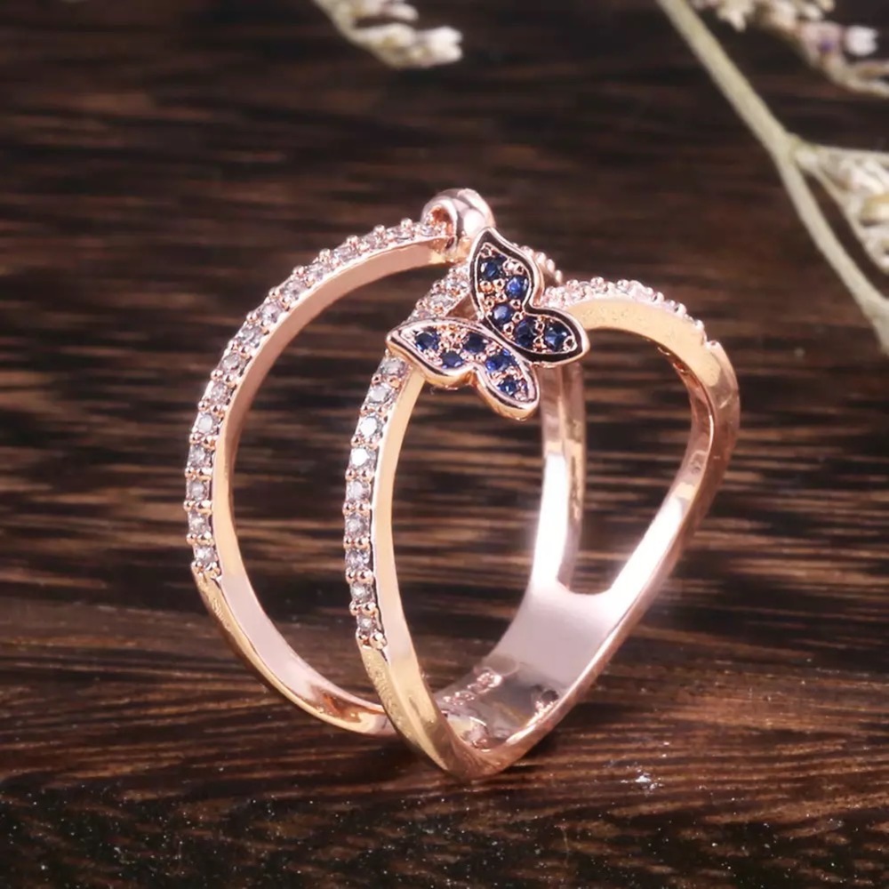 New Women’s Rose Gold Plated Butterfly Sapphire Ring - Picture 5 of 6